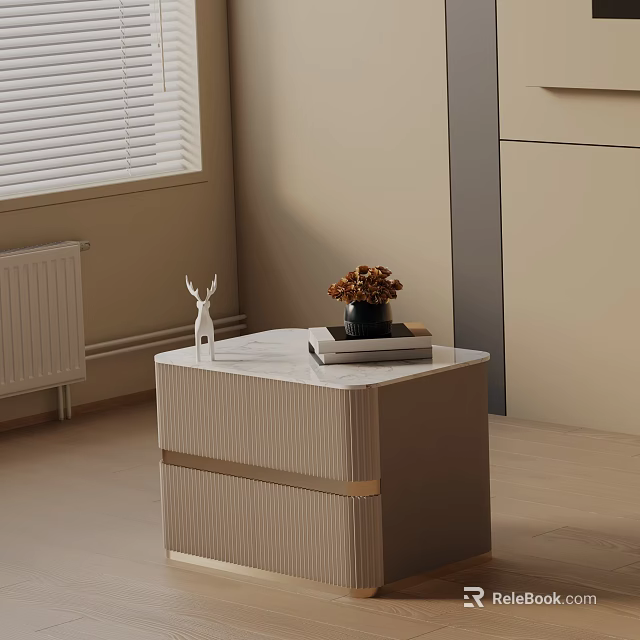 Modern Bedside Table With Marble Top Deer Figurine Flower Arrangement And Stack Of Books 3d model 