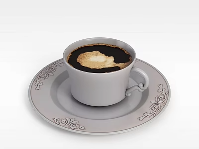 Elegant Ceramic White Cup on Ornate Patterned Saucer with Foamy Coffee 3d model