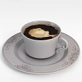 Elegant Ceramic White Cup on Ornate Patterned Saucer with Foamy Coffee 3d model