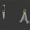 Weapon Display Featuring Black Handle Knife And Metallic Multi Tool On Smooth Reflective Surface 3d model