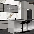 Modern Kitchen Interior With Marble Wall Black Cabinets Glass Island Counter And Bar Stools