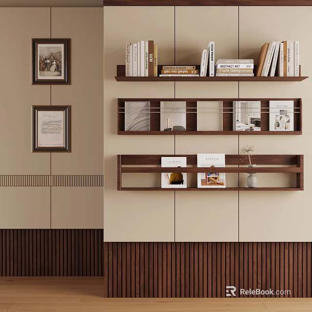 Modern Wall Cabinets Design With Wooden Shelves Holding Books And Decorative Frames 3d model 