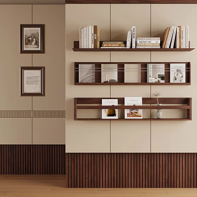 Modern Wall Cabinets Design With Wooden Shelves Holding Books And Decorative Frames 3d model
