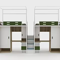 Modern Bunk Bed With White Green Storage Drawers Cabinets And Study Desk 3d model