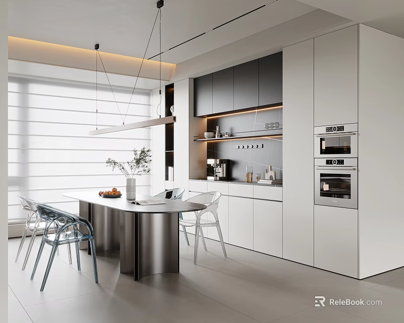 Modern Restaurant Kitchen Interior With Round Island Transparent Chairs And Hanging Lights 3d model 