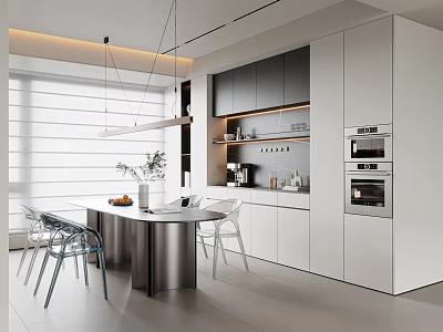 Modern Restaurant Kitchen Interior With Round Island Transparent Chairs And Hanging Lights 3d model