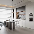 Modern Restaurant Kitchen Interior With Round Island Transparent Chairs And Hanging Lights