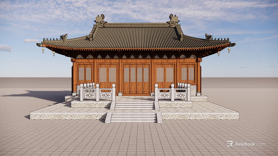 Traditional Chinese Ancient Architecture With Classic Roof Wooden Doors Stone Steps And Ornamental Railings 3d model 