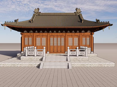 Traditional Chinese Ancient Architecture With Classic Roof Wooden Doors Stone Steps And Ornamental Railings 3d model