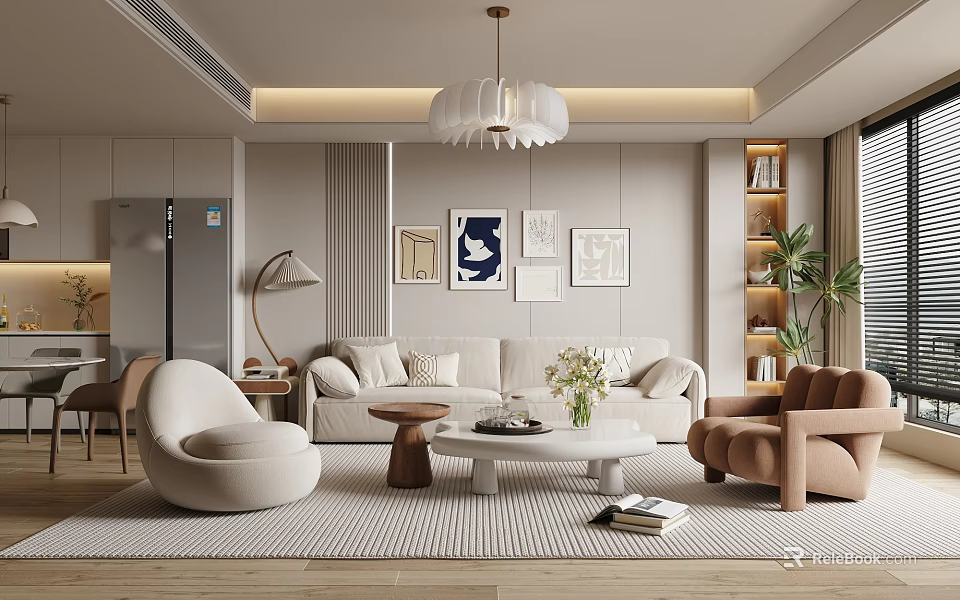 Cozy Modern Cream Tone Living Room With Soft Sofas And Elegant Wall Art Decor 3d model 