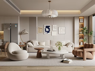 Cozy Modern Cream Tone Living Room With Soft Sofas And Elegant Wall Art Decor 3d model