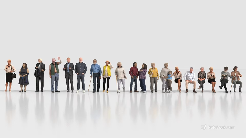 Two People In Diverse Age Group Standing Sitting With Different Clothing And White Reflective Floor 3d model 