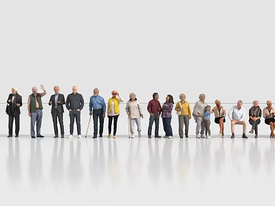Two People In Diverse Age Group Standing Sitting With Different Clothing And White Reflective Floor 3d model