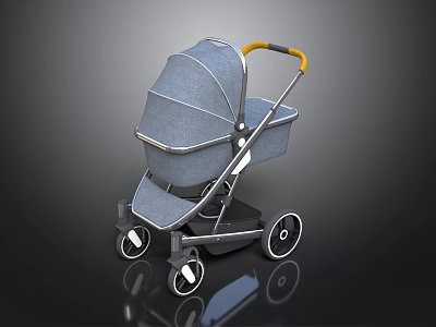 Modern Gray Baby Stroller With Yellow Handle Canopy And Four Wheels 3d model