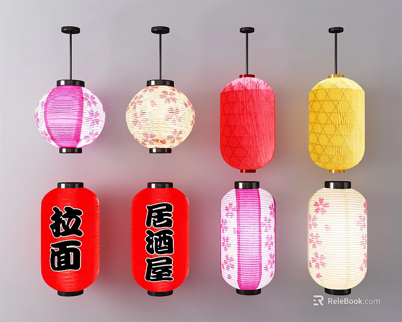 Traditional Japanese Colorful Lanterns With Cherry Blossom Patterns And Ramen Izakaya Characters 3d model 