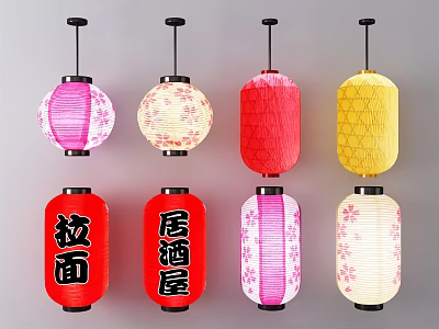 Traditional Japanese Colorful Lanterns With Cherry Blossom Patterns And Ramen Izakaya Characters 3d model