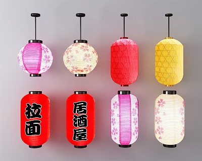 Traditional Japanese Colorful Lanterns With Cherry Blossom Patterns And Ramen Izakaya Characters 3d model