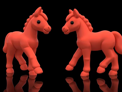 Two Red Plastic Toy Horses Standing On Black Background With Reflection 3d model