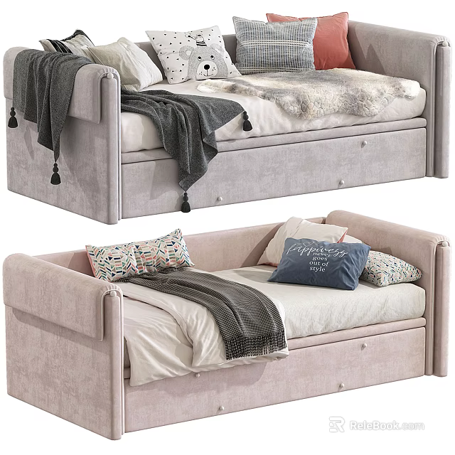 Gray And Light Pink Sofa Beds With Storage Drawers Pillows And Blankets 3d model