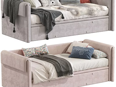 Gray And Light Pink Sofa Beds With Storage Drawers Pillows And Blankets 3d model