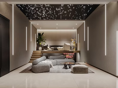 Modern Home Theater Interior With Starry Ceiling Gray Sofa Steps And Lighting 3d model