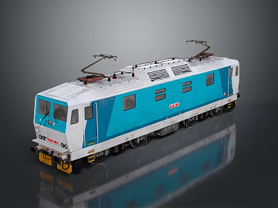 Blue And White Electric Train Model With Windows And Roof Equipment On Reflective Surface 3d model