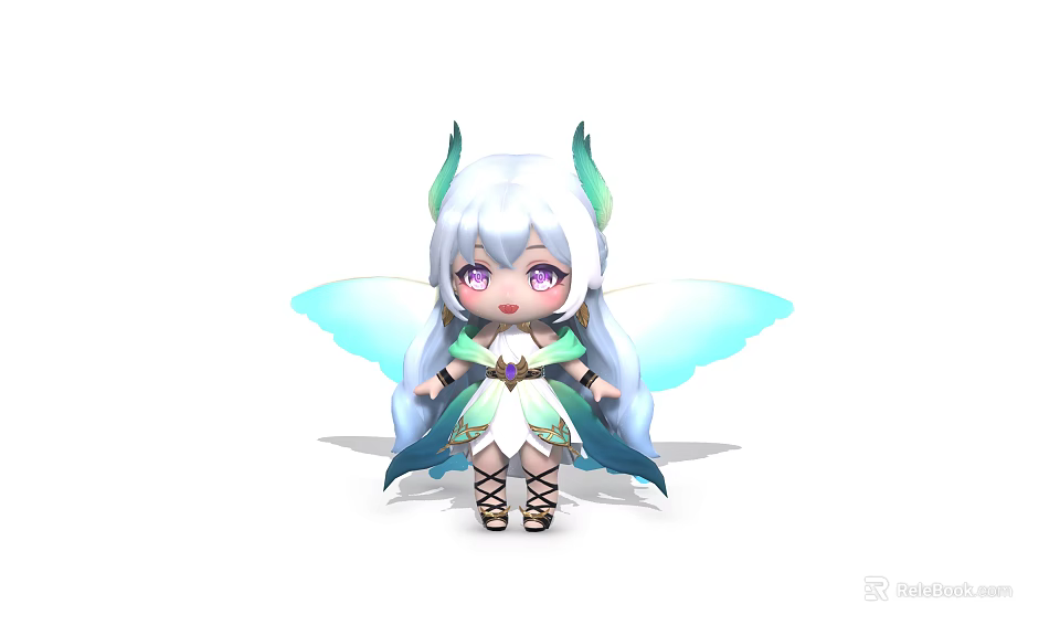 Cartoon Style Game Movie Character With Long White Hair Purple Eyes And Blue Wings 3d model 