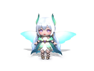 Cartoon Style Game Movie Character With Long White Hair Purple Eyes And Blue Wings 3d model