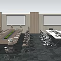 Modern Conference Table Setup With Office Chairs And Projection Screens In Meeting Room