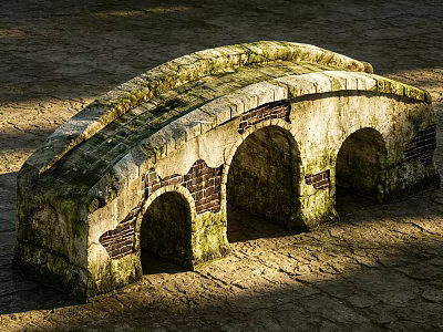 Ancient Stone Landscape Bridge With Three Arches And Moss Covered Bricks 3d model