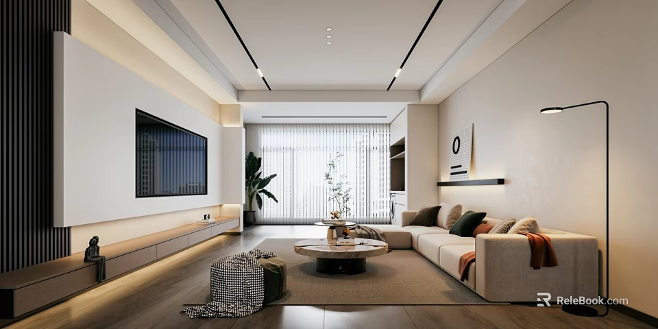 Modern Living Dining Room Interior With Beige Sofa TV Wall Coffee Table And Green Plants 3d model 