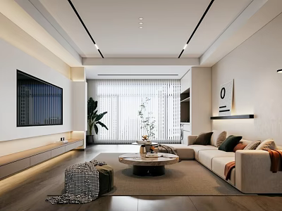 Modern Living Dining Room Interior With Beige Sofa TV Wall Coffee Table And Green Plants 3d model