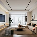 Modern Living Dining Room Interior With Beige Sofa TV Wall Coffee Table And Green Plants