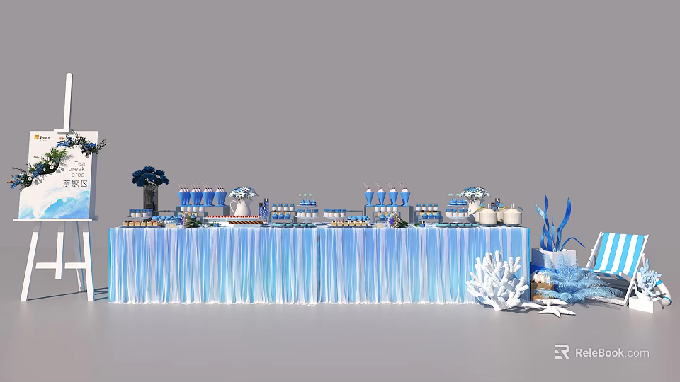 Blue Gradient Tablecloth Tea Break Area With Desserts Drinks And Coral Decorations 3d model 