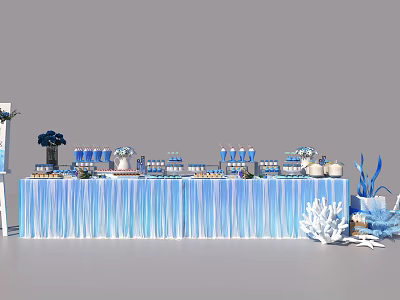 Blue Gradient Tablecloth Tea Break Area With Desserts Drinks And Coral Decorations 3d model
