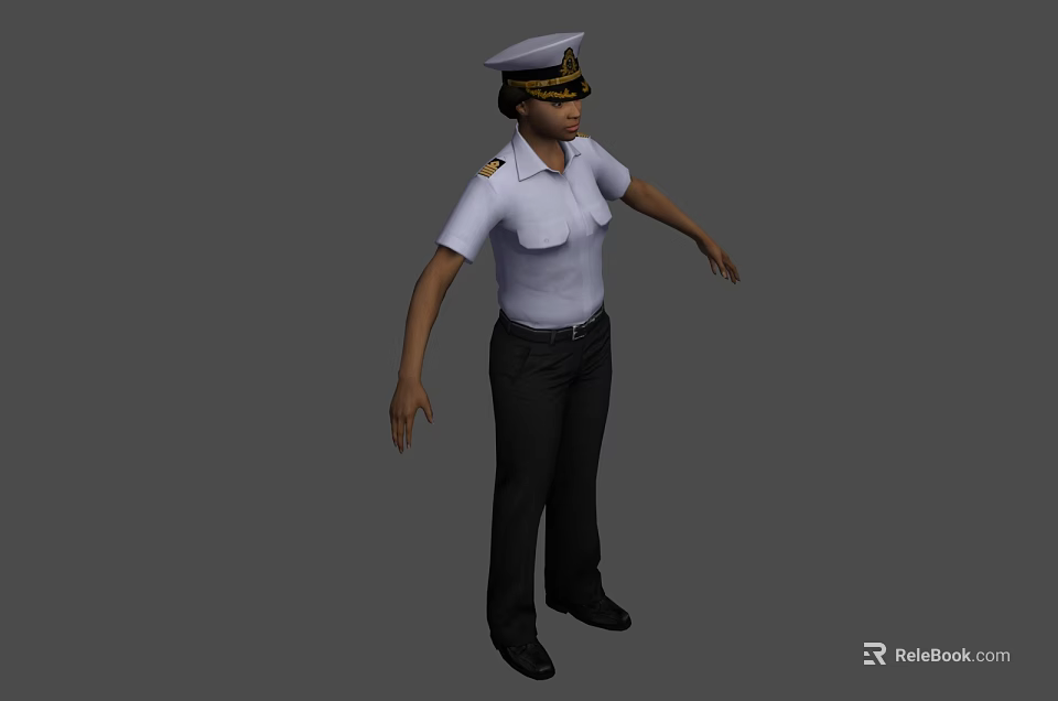 Woman Wearing White Short Sleeved Uniform With Epaulets White Hat Black Pants and Shoes 3d model 