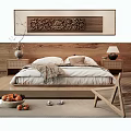 Wooden Platform Double Bed With Nightstand Table Lamp Decorative Painting Soft Blanket And Pillows