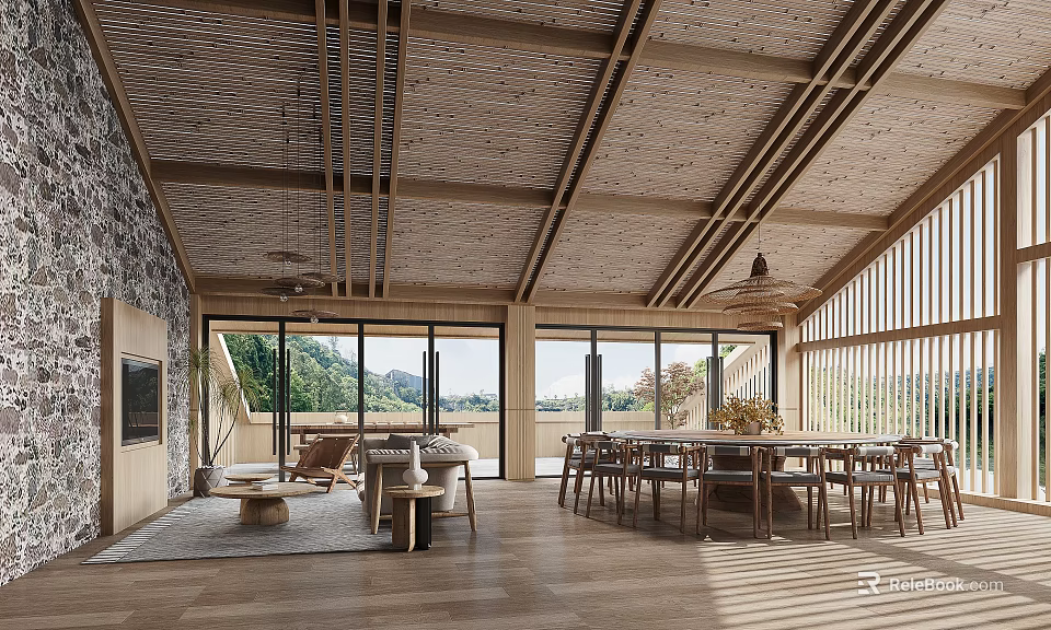 Cozy Private Room With Wooden Ceiling Large Windows And Comfortable Furniture 3d model 