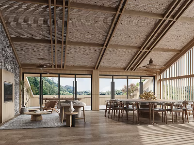 Cozy Private Room With Wooden Ceiling Large Windows And Comfortable Furniture 3d model