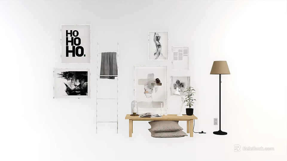 Stylish Interior Wall Decor With Frames Ladder Table Plant And Floor Lamp 3d model 