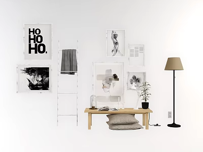 Stylish Interior Wall Decor With Frames Ladder Table Plant And Floor Lamp 3d model