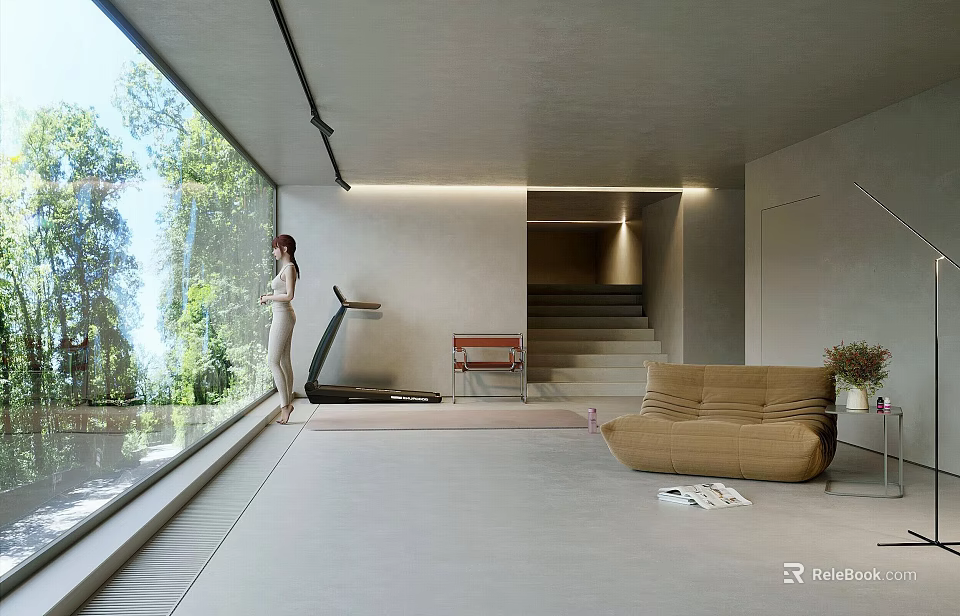 Minimalist Living Room with Large Glass Windows Trees Outside Natural Light Tan Sofa Treadmill and Staircase 3d model 