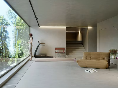 Minimalist Living Room with Large Glass Windows Trees Outside Natural Light Tan Sofa Treadmill and Staircase 3d model