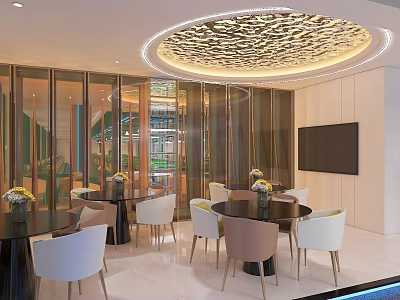 Modern Dining Area With Round Tables White Brown Chairs Glass Partitions And Decorative Ceiling 3d model