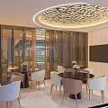 Modern Dining Area With Round Tables White Brown Chairs Glass Partitions And Decorative Ceiling