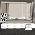 Modern Minimalist Bedroom With White Bed Upholstered Ottoman Area Rug And Abstract Wall Art