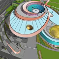 Modern Cultural Center Building Featuring Circular Design Blue Roof And Yellow Dome