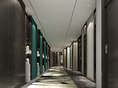 Modern Hotel Corridor Design With Dark Wood Walls Green Accents Recessed Lighting And Patterned Carpet 3d model