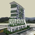 Modern Geometric Facade Office Building With Lush Green Vegetation And Mountain View