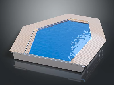 Hexagonal Swimming Pool Equipment With Wooden Cover And Blue Water Surface 3d model